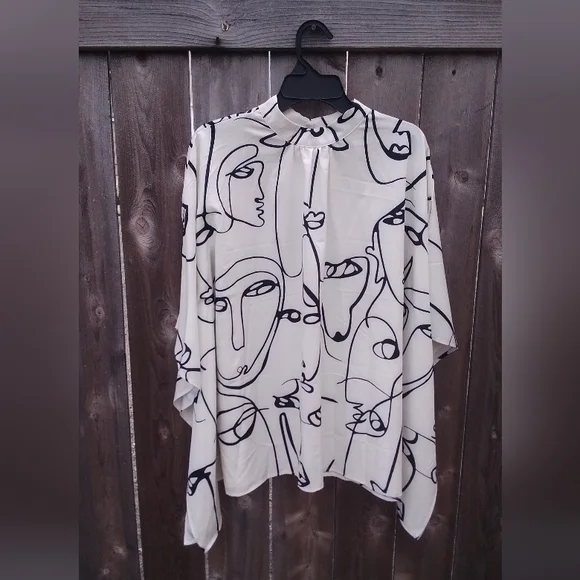 Womens Plus 3X Blouse Kimono Top Shirt Silky Pullover Faces Print - Picture 1 of 5